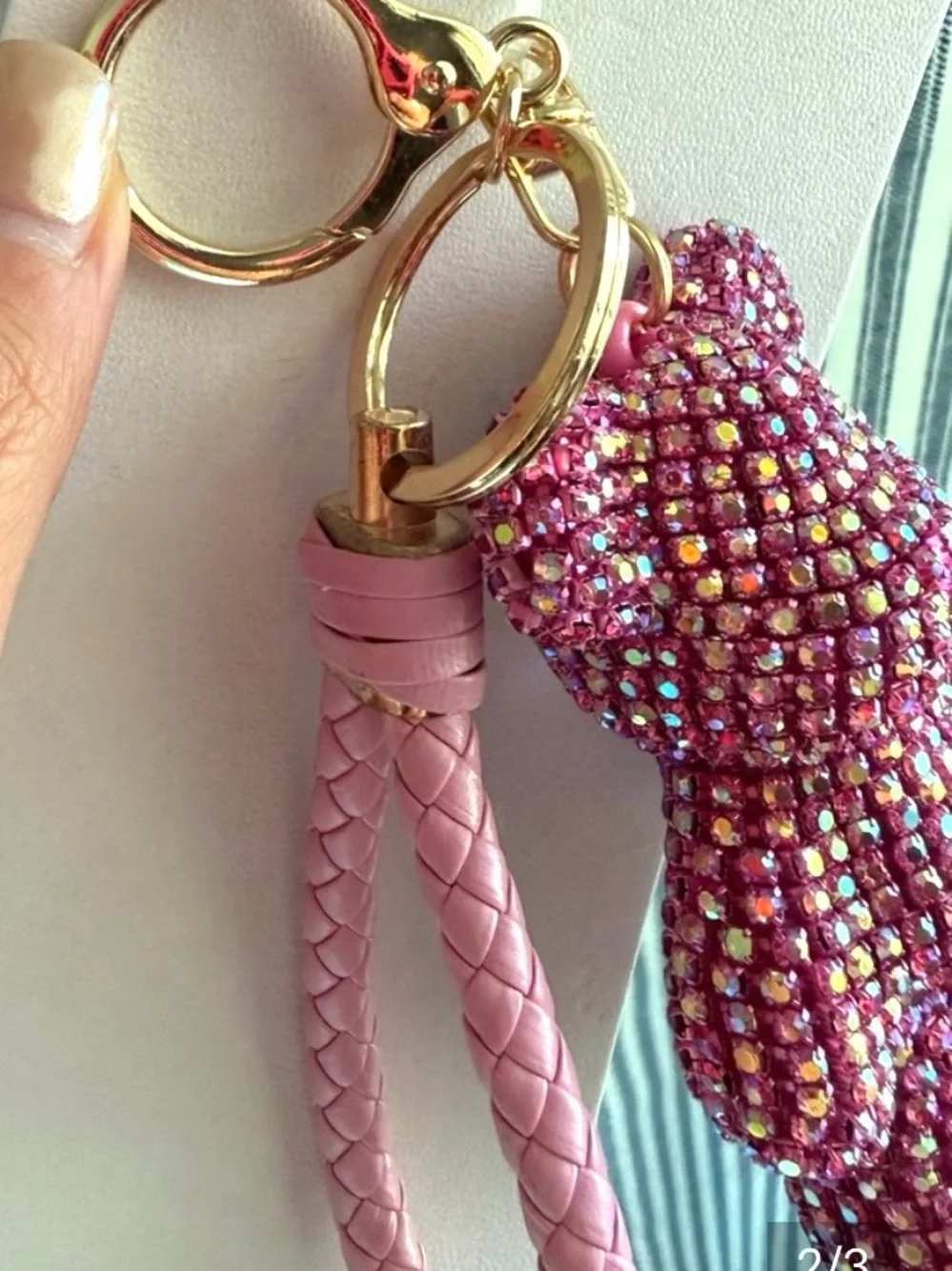 Natasha Couture Pink Teddy Bear Crystal Keychain with braided strap NEW